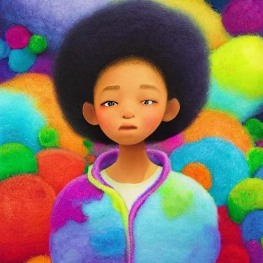 Prompt: a black girl with a colorful afro in a candy forest! at night, bokeh, bright colours, watercolor, volumetric wool felting, macro photography, children illustration, by goro fujita