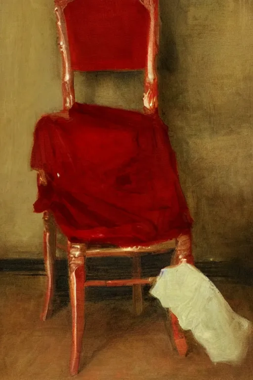 Image similar to an empty red dress laid across a chair in a dark victorian era room. in the style of american impressionism painting.