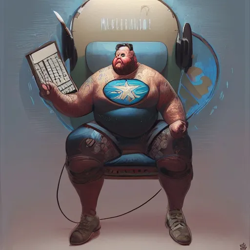 Image similar to a insanely detailed painting of a slightly overweight man wearing a homemade superhero costumed, sitting at a computer desk, nervously and clicking on the mouse, in the style of peter mohrbacher, dramatic lighting and composition, trending on artstation, concept art, comic book