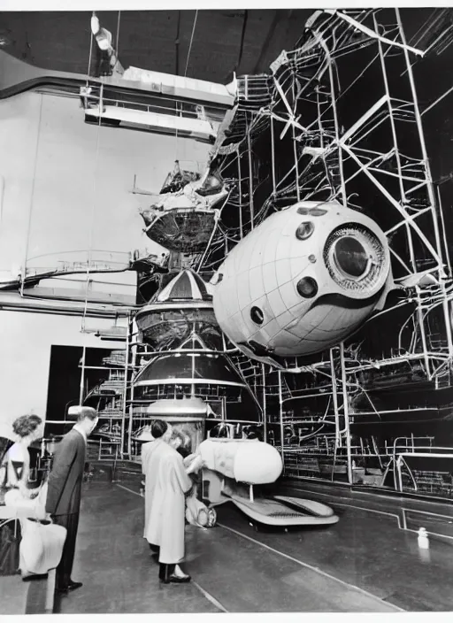Prompt: vintage photograph of advanced spacecraft being serviced by humans in 1 9 6 0