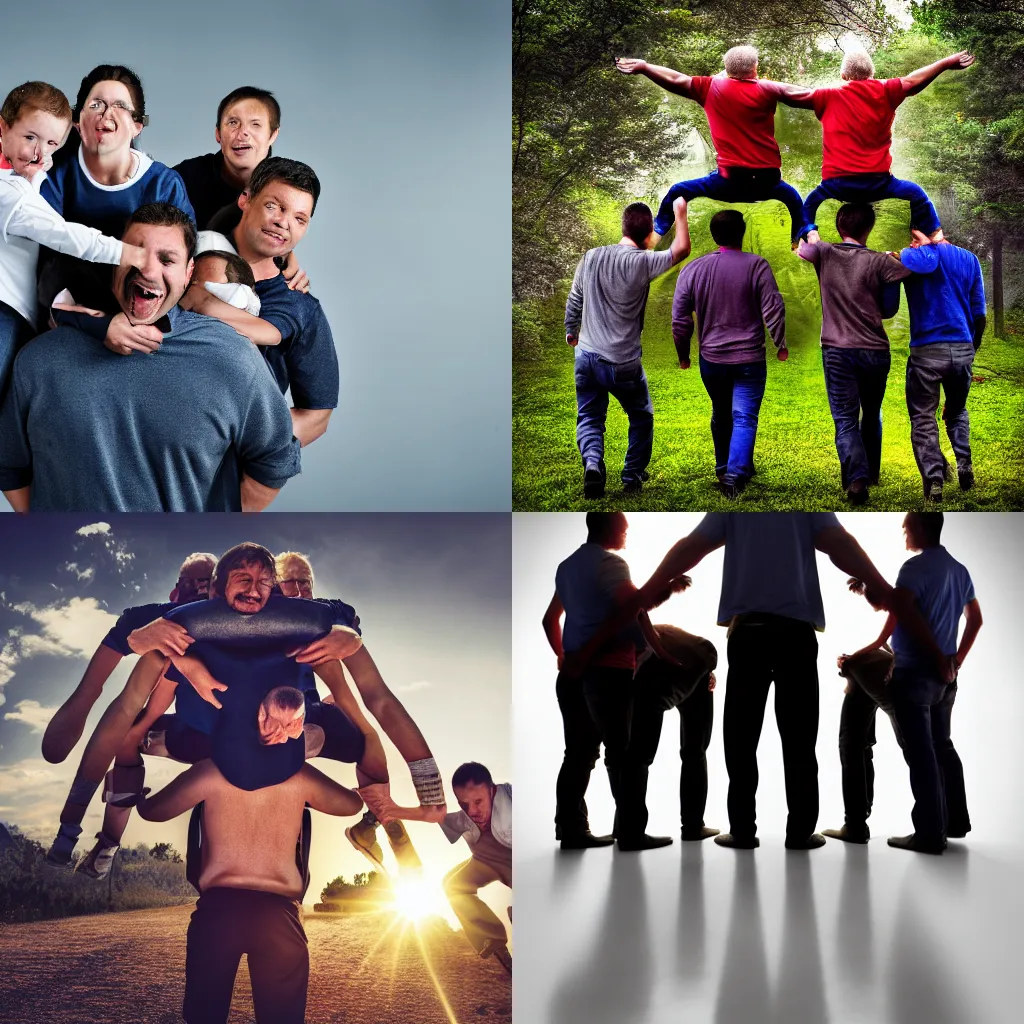 Prompt: a man carrying 4 grown adults on his back, 8 k wallpaper, hdr, studio photography