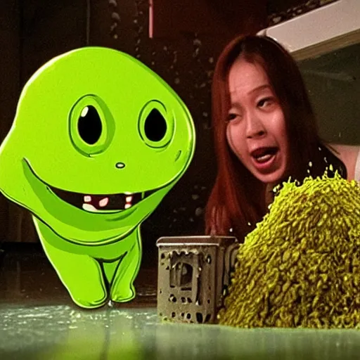 Image similar to a film still of slime monster made of beans attacking tokyo