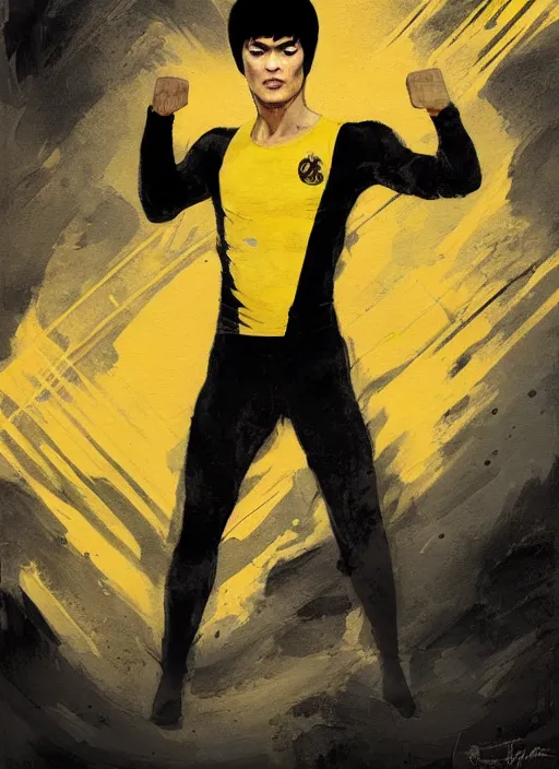 Image similar to bruce lee as a yellow and black stripes luxurious power ranger by greg rutkowski, claude monet, conrad roset, takato yomamoto, rule of thirds, sigma look, beautiful