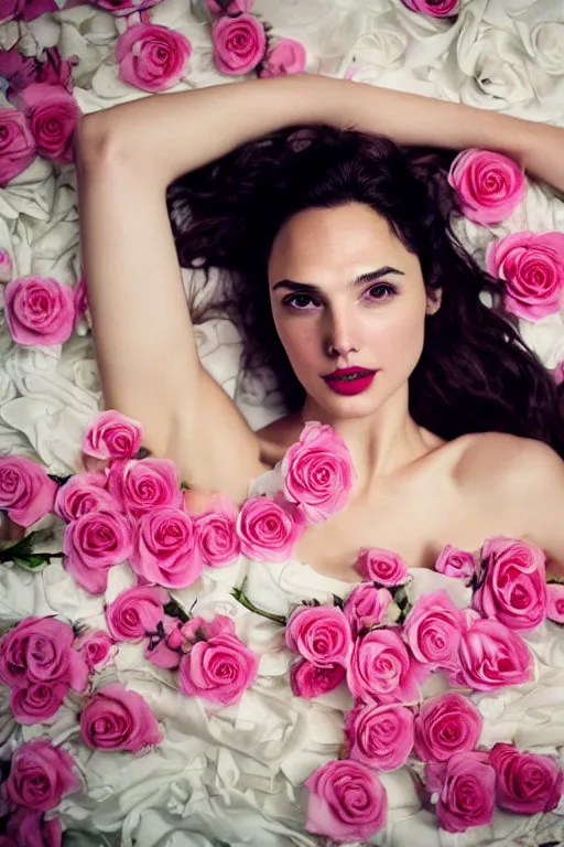 Image similar to fine art photo of the beauty gal gadot, she is lying down and merging from pink roses, taken by oleg oprisco