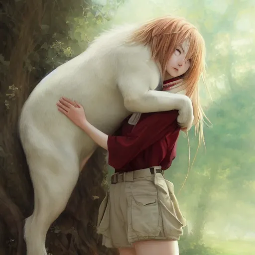 Image similar to a person hugging a large white animal, a detailed painting by krenz cushart, pixiv contest winner, fantasy art, official art, detailed painting, pixiv. highly detailed. 4 k masterpiece.