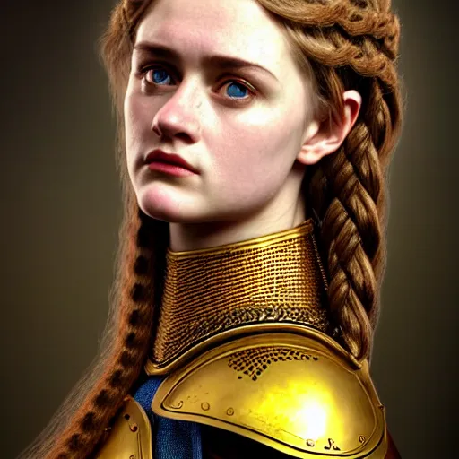 Prompt: head and shoulders portrait of a female knight, young kat denning, golden etched armor, lord of the rings, she is mad, celtic hair braid, eldritch ruby amulet, by artgerm, alphonse mucha, face detail, sharp focus, high key lighting, vogue fashion photo