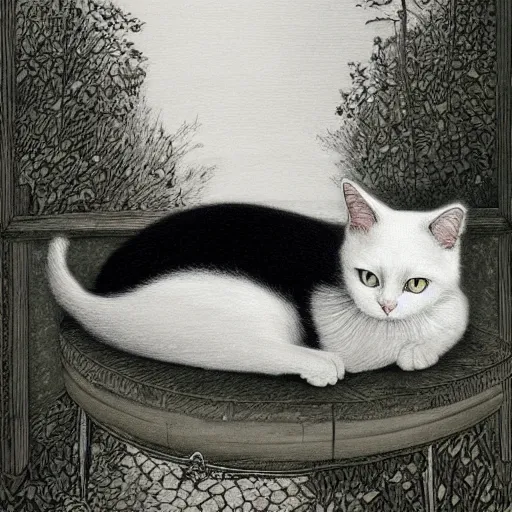 Image similar to a painting of a black and white cat in a scenic environment by johfra bosschart, hyperdetailed, beautiful, trending on artstation