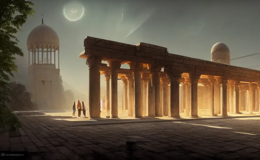 Image similar to exterior shot of utopian train station on in the middle of an ancient persian temple hill with cinematic lighting by peter zumthor and renzo piano, darek zabrocki and greg ruthkowski, simon stalenhag, cinematic, holy place, paradise, scifi, futurism, atmospheric, concept art, artstation, trending on artstation