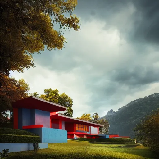 Image similar to modernist house inspired by a tibetan palace on a hill, big green trees, colorful clouds, dramatic lighting, artstation, matte painting, raphael lacoste, simon stalenhag, frank lloyd wright, zaha hadid