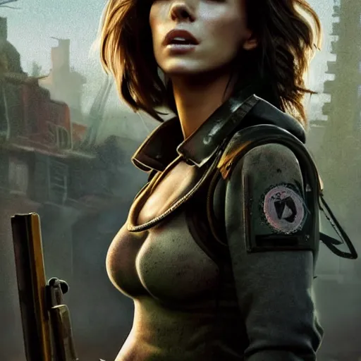 Image similar to fallout 5, charismatic beautiful rugged young kate beckinsale with katana, portrait, outdoors ruined cityscape, atmospheric lighting, painted, intricate, volumetric lighting, beautiful, daytime, sunny weather, slight overcast, sharp focus, deep colours, ultra detailed, by leesha hannigan, ross tran, thierry doizon, kai carpenter, ignacio fernandez rios