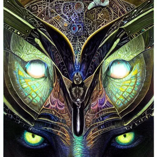 Image similar to beautiful closeup portrait of an art deco witch, glowing eyes. reflective detailed textures, moth wings, highly detailed dark fantasy science fiction painting by donato giancola and diego rivera, elaborate geometric ornament, ancient runes, silver and cool colors. artstation