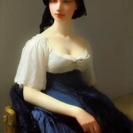 Image similar to a young woman’s face, her hair is white, she wears a long flowing blue satin veil, by ivan aivazovsky and pieter claesz and paul delaroche and alma tadema and august malmstrom and and willen claesz heda and aelbert cuyp and gerard ter borch, detailed, hyperrealistic, volumetric light, rendered in octane, rendered in redshift