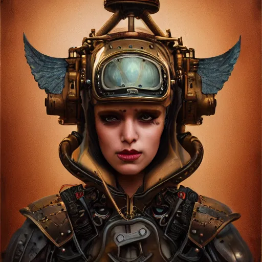 Image similar to dan mumford tom bagshaw, dream world curiosities carnival flying, photorealistic medium shot octane render of a single very beautiful thicc female helmet face full long cyberpunk metallic armored ornate, accurate features, focus, very intricate ultrafine details, award winning masterpiece, steampunk world spikes