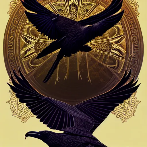 Image similar to simple mandala of ravens, emotionally evoking symbolic metaphors, fantasy, ornamental, detailed digital painting, artstation, concept art, painterly, sharp focus, illustration, art by John Collier and Krenz Cushart and Artem Demura and Rafael and Alphonse Mucha and Albert Aublet