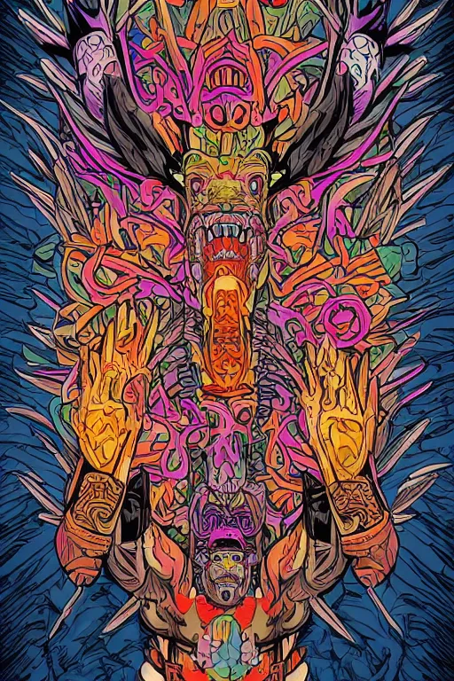 Image similar to animal mask totem roots flower tribal feather gemstone plant wood rock shaman vodoo video game vector cutout illustration vivid multicolor borderlands comics by josan gonzales and dan mumford radiating a glowing aura