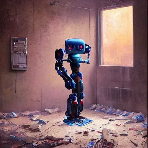 Image similar to a realistic painting of a humanoid robot ( chappie ) painting on a canvas in an abandoned building. by jordan grimmer tyler eldin ralph mcquarrie simon stalenhag. digital art, artstation, octane, uhd hdr