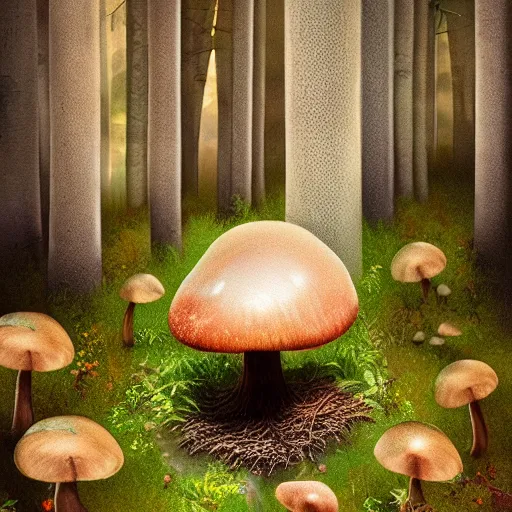 Image similar to A beautiful a picture of a single mushroom that grows on the ground with a forest with pines and birches, and a growing mycelium of the fungus is visible underground, Digital Art, Trending on artstation