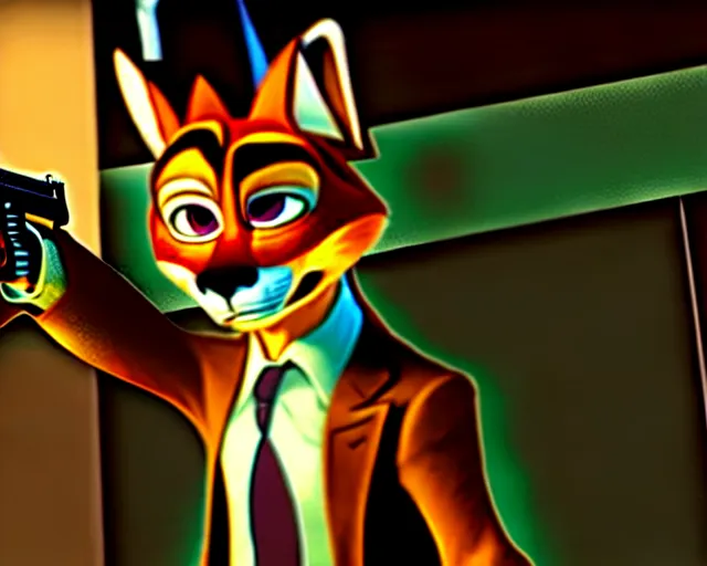 Image similar to nick wilde as max payne in max payne 3 set in gritty neo - noir zootopia, favela / furvela shootout