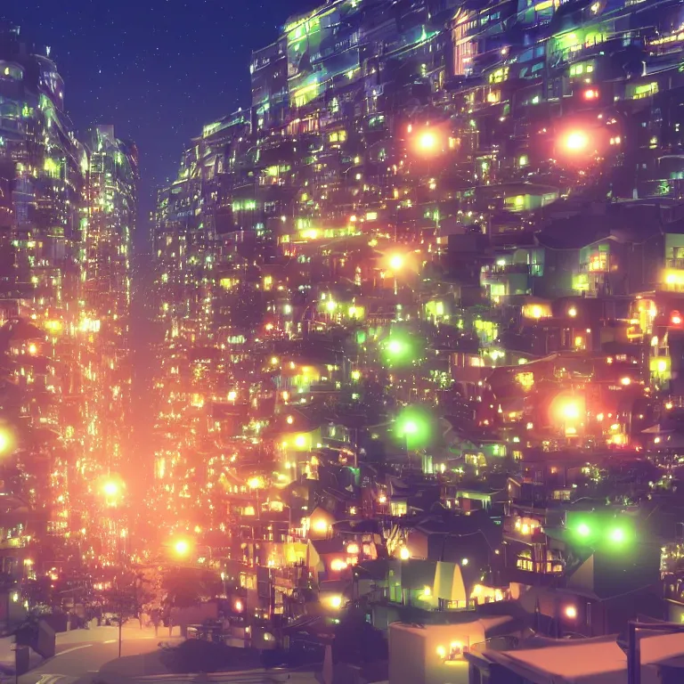 Prompt: anime styled city with many lights at night, lens flares, Christmas trees