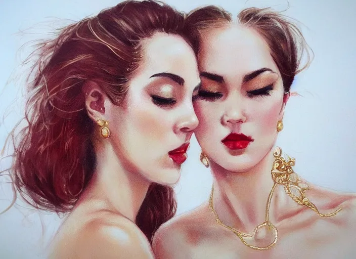 Image similar to woman love woman, sweet hugs, royal dress, gold trim, atmoshperic, elegant, sharp focus, sand sea, red sun, huge lips, by 3 8 0 light & color female reference pictures, trending on artstation, intricate details