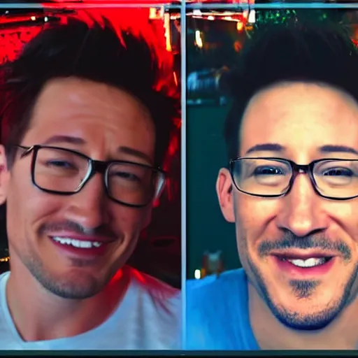 Prompt: Markiplier taking a selfie with Eminem, photorealistic, shot on iphone, realistic lighting, ultra high detail,