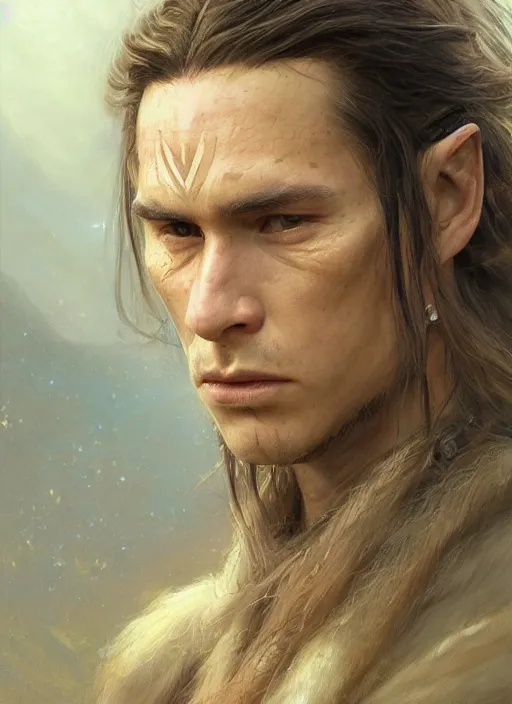 Image similar to a young shaman in his twenties with long light brown hair tied back, a large forehead, a widows peak and a round face with high cheekbones as a realistic d & d fantasy character, portrait art by donato giancola and greg rutkowski, vintage retro, realistic face, digital art, trending on artstation