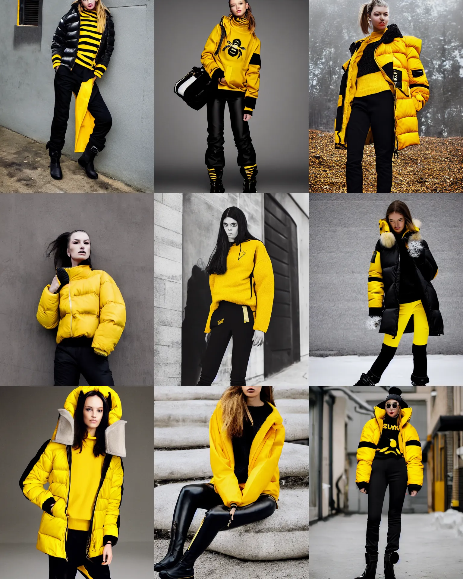 Prompt: fashion photography. she is wearing black ski pants ; a yellow sweater with a bumblebee on the chest ; and an oversized, high - shine, black puffer jacket ; and black boots.