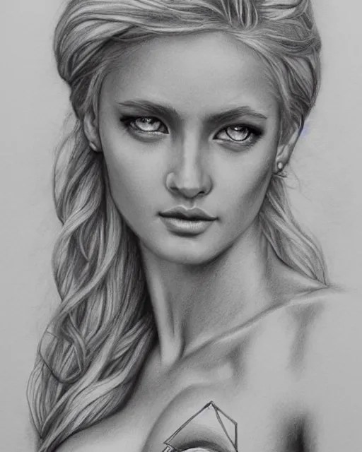 Image similar to pencil drawing of a beautiful greek goddess aphrodite with arrowhead jewelry, beautiful piercing eyes, beautiful blonde hair, hyper realistic face, in the style of greg rutkowski, fantasy, amazing detail, epic, elegant, smooth, sharp focus, from the front