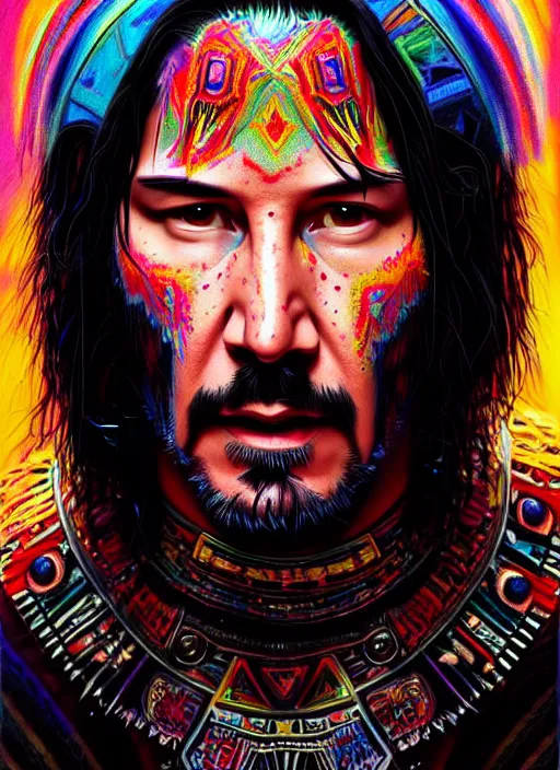 Image similar to portrait of keanu reeves, hyper detailed ultra sharp aztec shaman warrior. trending on artstation, warpaint aesthetic, bloodwave, colorful, psychedelic, ornate, intricate, digital painting, concept art, smooth, sharp focus, illustration, art by artgerm and greg rutkowski and h. r. giger, 8 k