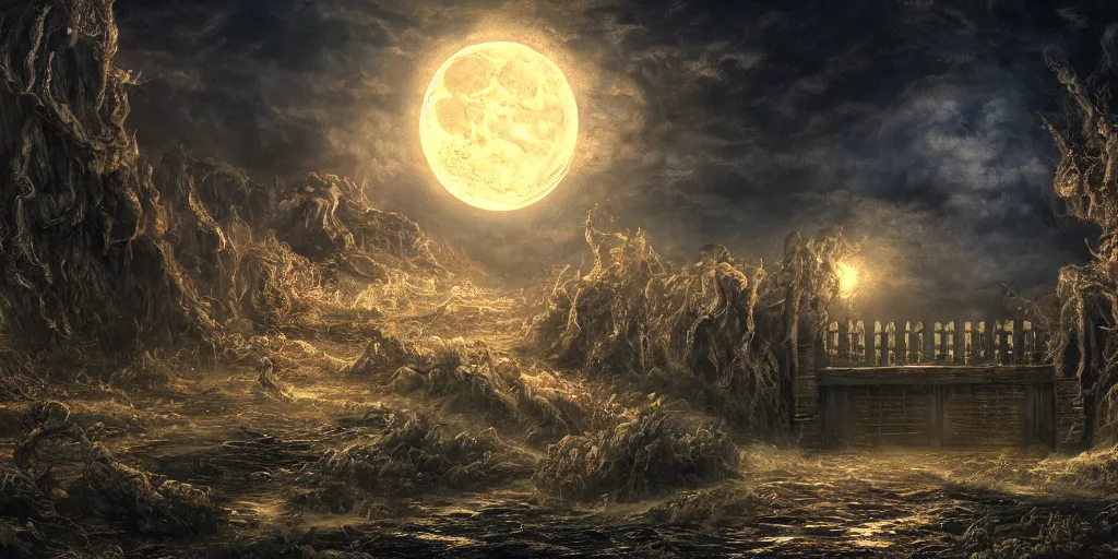 Prompt: hyper detailed beautiful painting of the gates to hell, midnight, moon light, volumetric lighting, dark, scary, sad, back lit