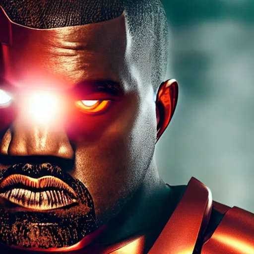 Image similar to Portrait of Kanye West as Ironman, splash art, movie still, cinematic lighting, dramatic, octane render, long lens, shallow depth of field, bokeh, anamorphic lens flare, 8k, hyper detailed, 35mm film grain