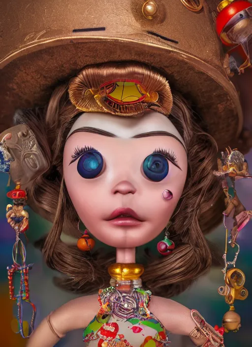 Image similar to closeup profile portrait of tin toy genie, jeannie, bikini, depth of field, zeiss lens, detailed, symmetrical, centered, fashion photoshoot, by nicoletta ceccoli, mark ryden, lostfish, breathtaking, 8 k resolution, extremely detailed, beautiful, establishing shot, artistic, hyperrealistic, octane render