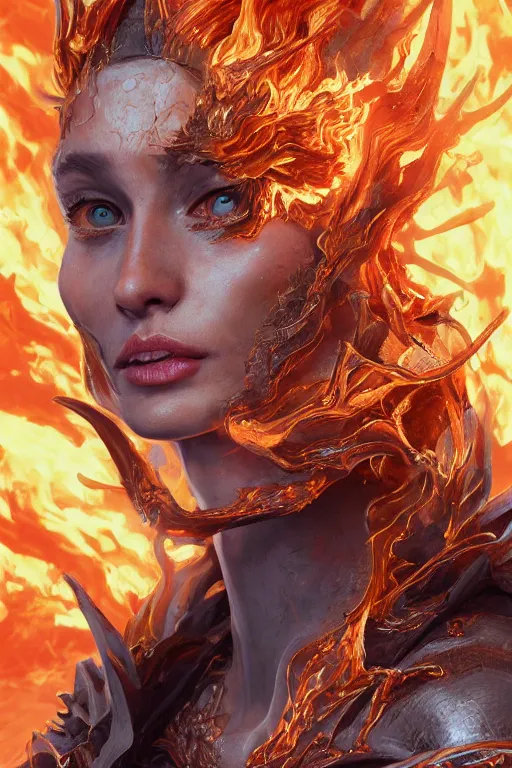 Image similar to A hyper-detailed image of concept art of a female wizard, fire element as painted by Marieke Nelissen, HD, hyper-fidelity, ray tracing, god rays, digital art, trending on artstation, artstationHD, artstationHQ, 4k, 8k