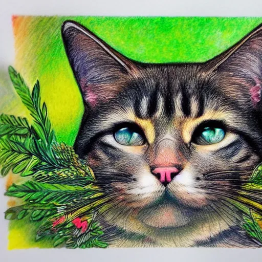 Image similar to Accurate and realistic representation of a cat in a magical dense, lush forest filled with wisdom, love, and courage.. Epic composition. Harmonic colored disposition, expertly blended and shaded. HD. 8k. 4.k HQ. UHD . Colored pencils and color inks on two joined sheets of paper