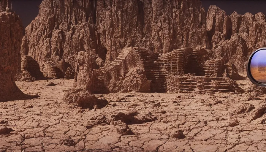 Prompt: levitating group of bene gesserit reflecting mask in a dry rocky desert landscape, alien city ruins designed by giger, giant abandoned alien city by christopher doyle and alejandro jodorowsky, anamorphic lens, kodakchrome, cinematic composition, very detailed photo, 8 k