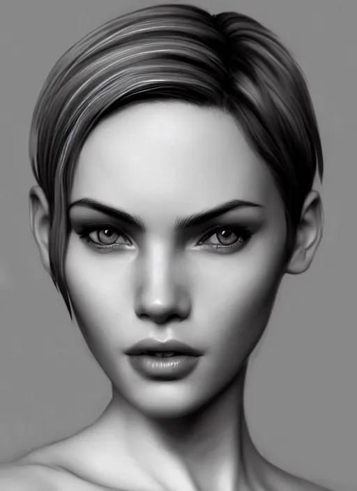 Image similar to up close portrait of a beautiful woman in black and white, photorealistic, pixie cut, intricate hair, rule of thirds, art by diego fazio and diegoKoi and oscar Ukono, concept art, sharp focus, artgerm, 8k highly detailed