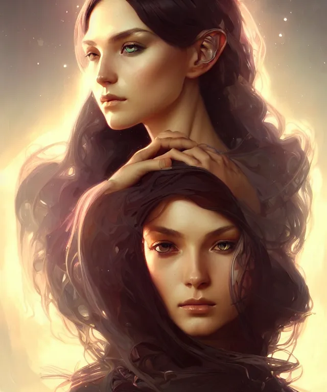 Image similar to futuristic young woman portrait, sci-fi, amber eyes, face, long hair, fantasy, intricate, elegant, highly detailed, digital painting, artstation, concept art, smooth, sharp focus, illustration, art by artgerm and greg rutkowski and alphonse mucha