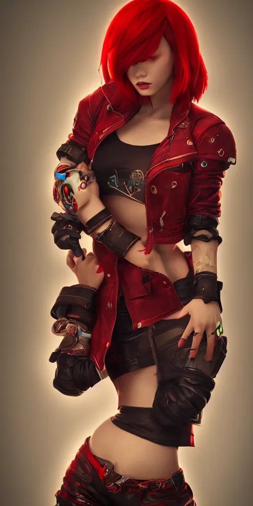 Image similar to a girl with short red hair, cool, vi from arcane, league of legends, fighter, cool red jacket, tattoo, beautiful, 3 d, potrait, art staion, studio light, closeup shot, octane render, wlop, realistic, neon