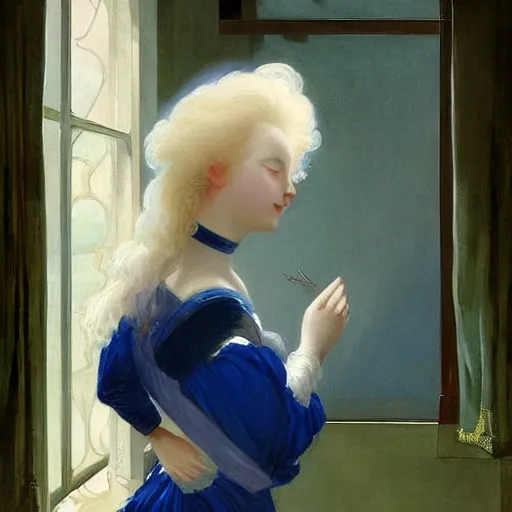 Image similar to young woman's face, her hair is white and she wears a cobalt blue duchesse satin cloak, by ivan aivazovsky and syd mead and moebius and gaston bussiere and roger dean and willem claesz and pieter claesz and paul delaroche and alma tadema and aelbert cuyp, hyperrealistic, volumetric light, octane