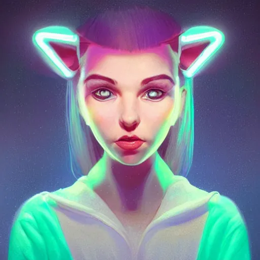 Image similar to portrait of a cute young woman with robot ears and eyes, 4k, sharp focus, neon colored fluorescent lighting, Andreas Rocha, perfect faces, fine details