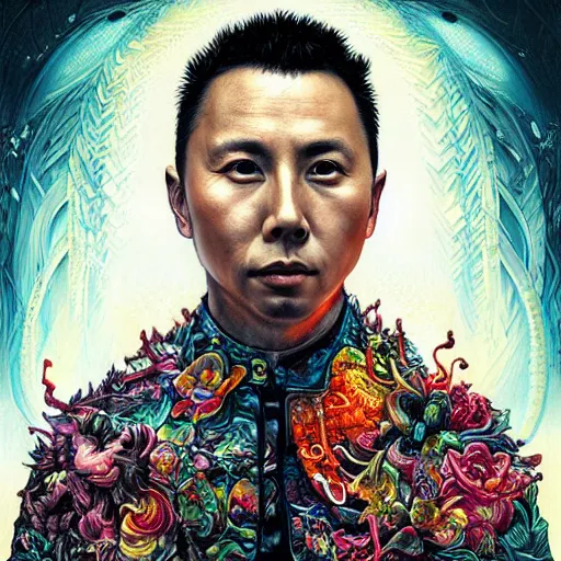 Image similar to portrait of donnie yen, hyper detailed masterpiece, neon floral pattern, jean giraud, digital art painting, darkwave goth aesthetic, psychedelic, artgerm, donato giancola and tom bagshaw