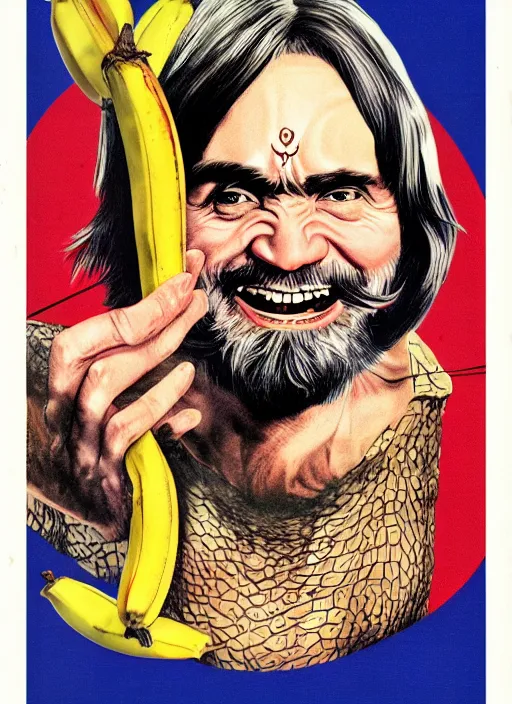 Prompt: vintage magazine advertisement depicting charles manson slipping on a banana peel, by alex grey