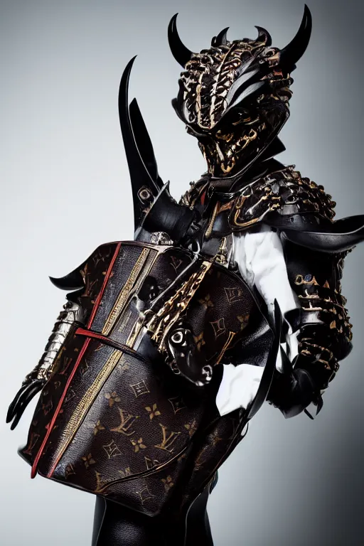 Prompt: very ashamed and angry demon envoked by louis vuitton for modeling in louis vuitton armor, luxury materials, symmetrical, cinematic, elegant, professional studio light, real dlsr photography, sharp focus, 4 k, ultra hd, sense of awe, high fashion