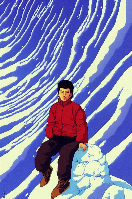 Prompt: a closeup portrait of anti - gravity, a young siberian man dreaming psychedelic hallucinations in the vast icy landscape of antarctica, volcano lava drips in anti - gravity by kawase hasui, moebius and edward hopper, colorful flat surreal design, hd, 8 k, artstation