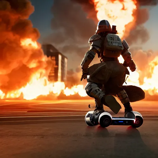 Prompt: An Armored soldier riding a hoverboard with several buildings on fire behind him, cinematic lighting, highly detailed, 8k octane render