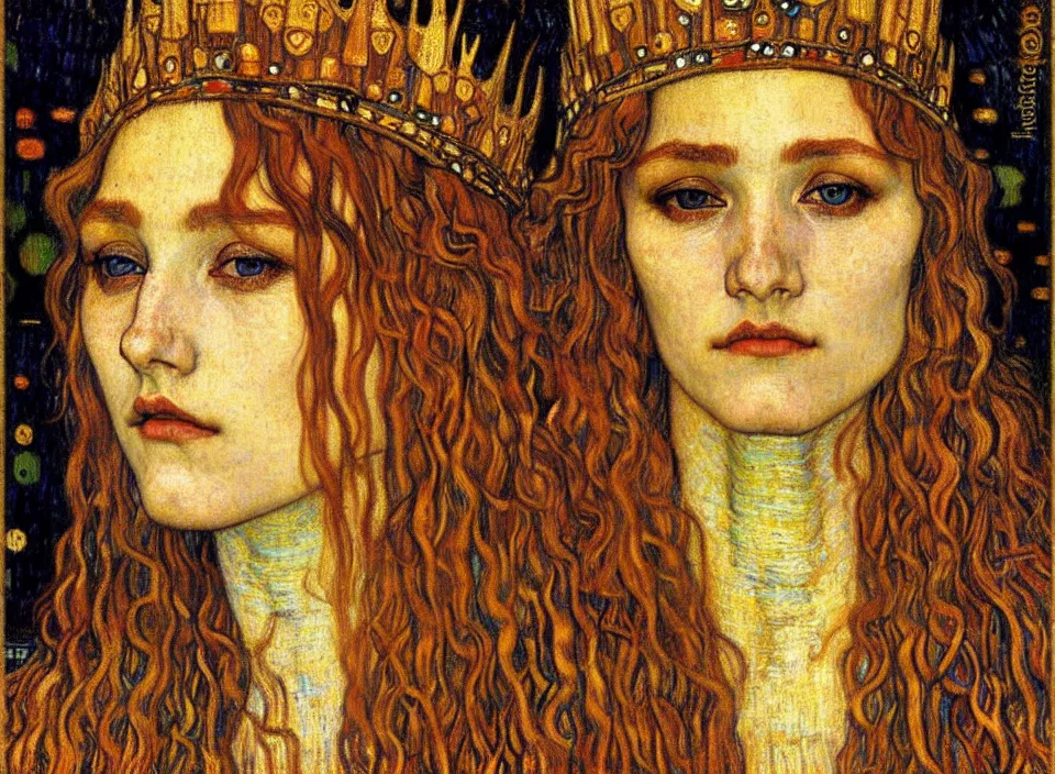 Image similar to detailed realistic beautiful young medieval queen face portrait by jean delville, gustav klimt and vincent van gogh, art nouveau, symbolist, visionary, gothic, pre - raphaelite, muted earthy colors, desaturated