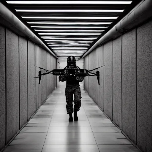 Image similar to Black military quadcopters, in the wide hallways in a futuristic prison underground, brutalist liminal architecture, sigma 85mm f/1.4, 4k, depth of field, high resolution, 4k, 8k, hd, full color