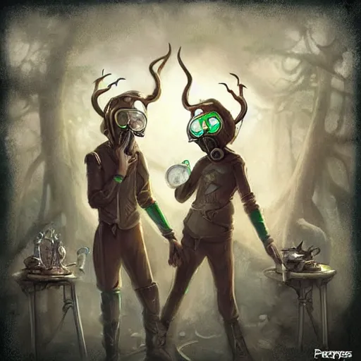 Image similar to elves with gas masks, weedsmoker, digital painting, artstation, stoner album art by arik roper