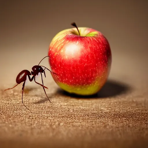 Prompt: a super realistic studio quality photo of an ant eating an apple, true to life, soft lighting