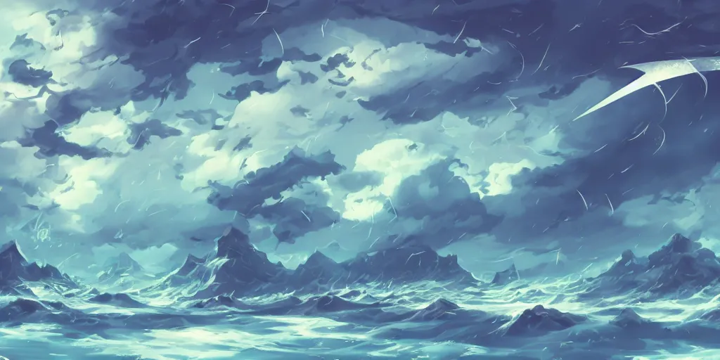 Image similar to background art of flying longswords flowing through the slicing through directional wind on a simple cloudy sky background featuring an enormous tsunami, big puffy clouds, sharp rain, large rose petals, lotus petals, large polygonal background elements, large polygons, studio ghibli anime, dramatic lighting, artgerm, manga, trending on artstation, art nouveau, mature colors